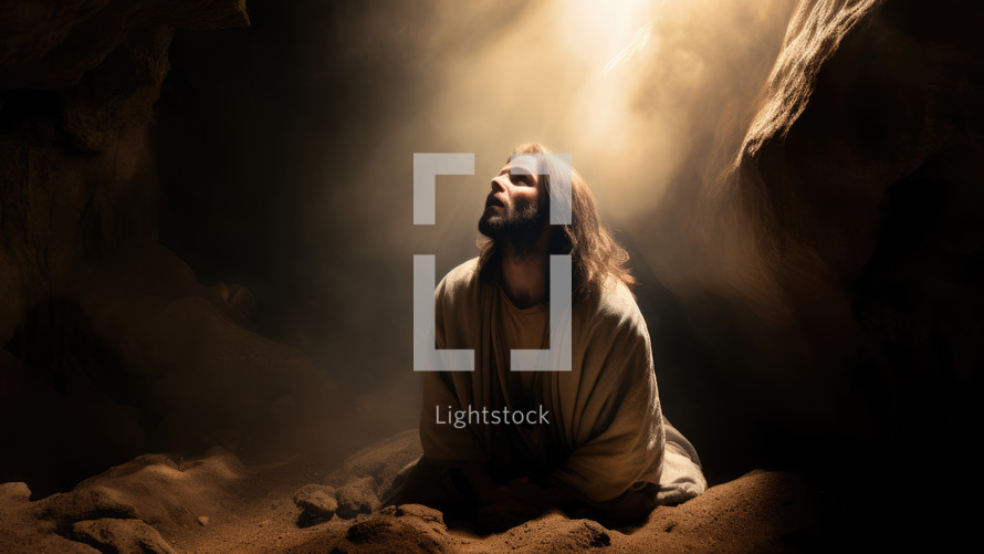 Portrait of Jesus Christ sitting in the cave. Dark background. Rays of light and smoke