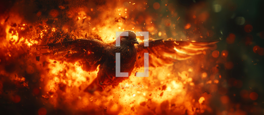 Dove flying in the fire. Fire background.