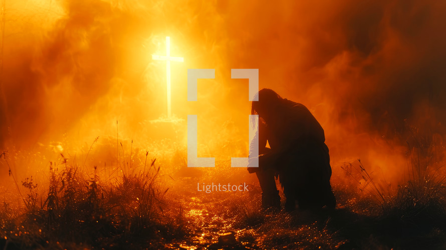 Bright burning cross with a man kneeling in front of it during the night.