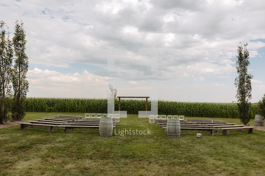 Wedding ceremony set up near corn field