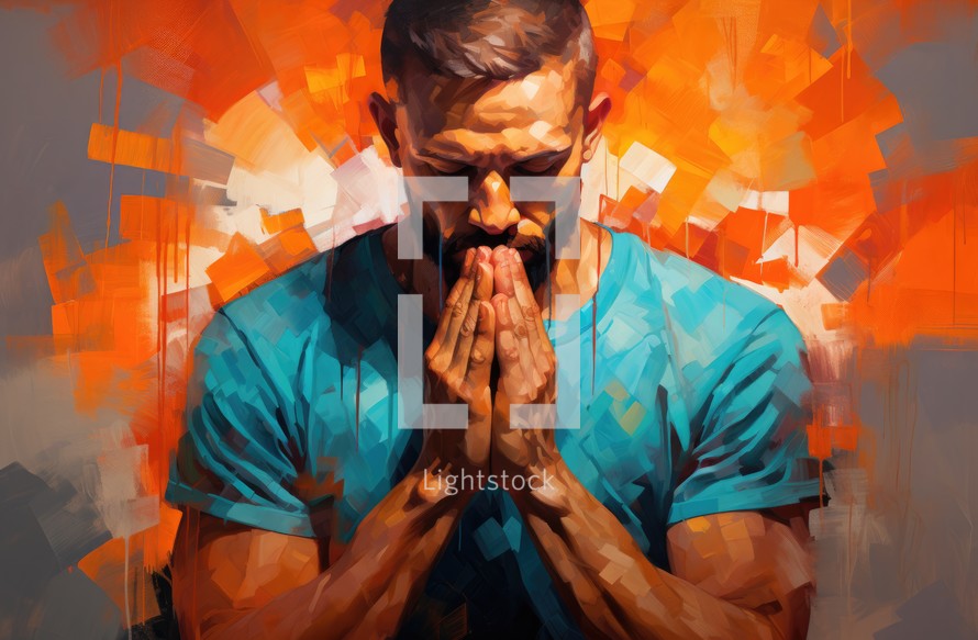 Praying man with closed eyes in front of orange background.