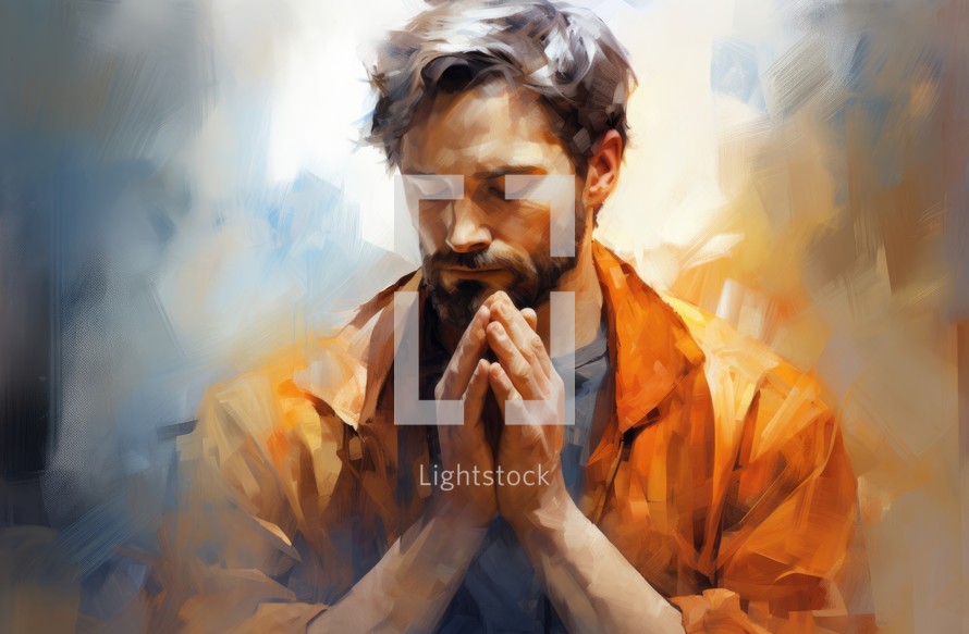 Painting of a young man praying with his hands folded in prayer