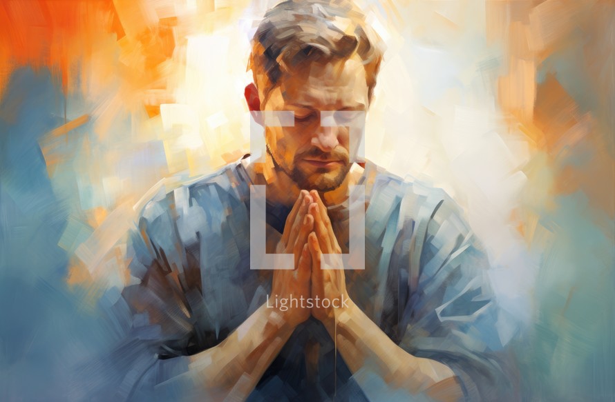 Painting of a man praying with his hands clasped in prayer