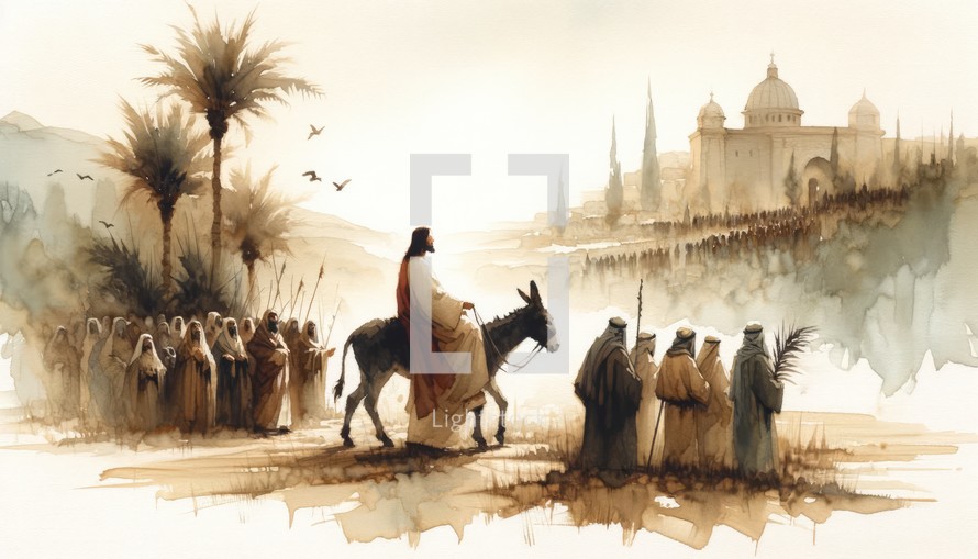 Triumphal Entry into Jerusalem. Passion Sunday. Watercolor Biblical Illustration