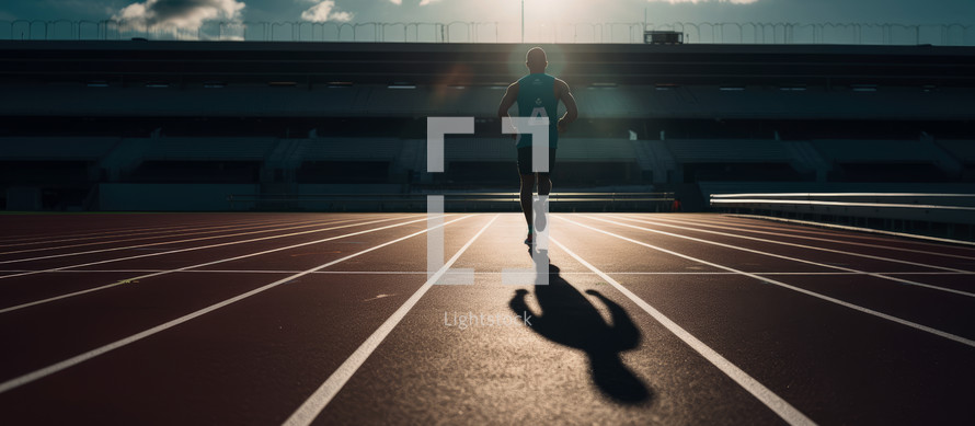 Athlete running on a track at sunset. 