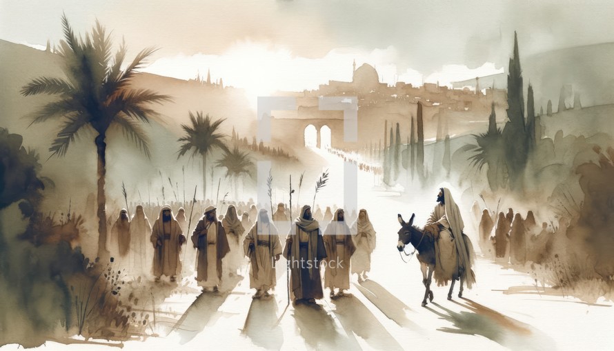 Triumphal Entry into Jerusalem. Passion Sunday. Watercolor Biblical Illustration