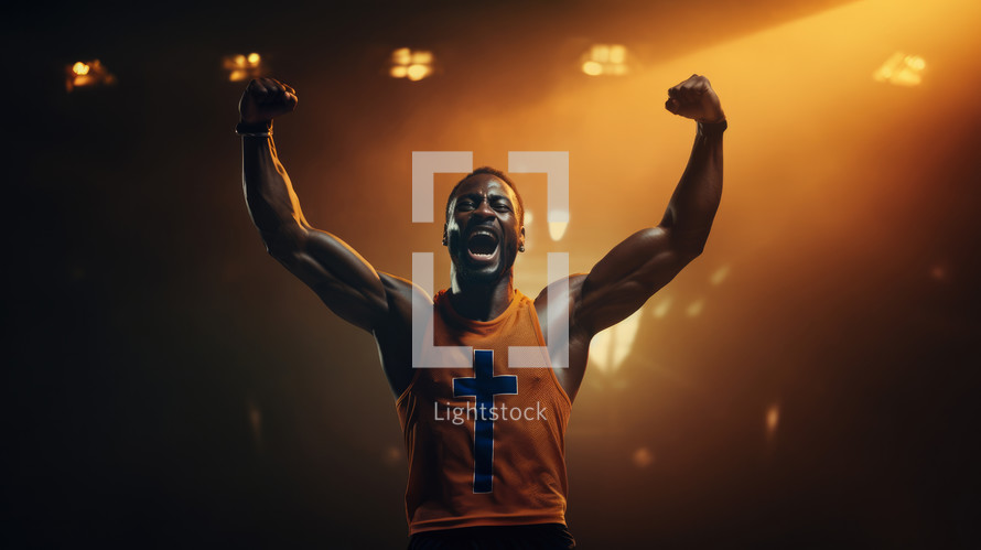 Athletic black sportsman with a cross on his tank top celebrating his victory on stage