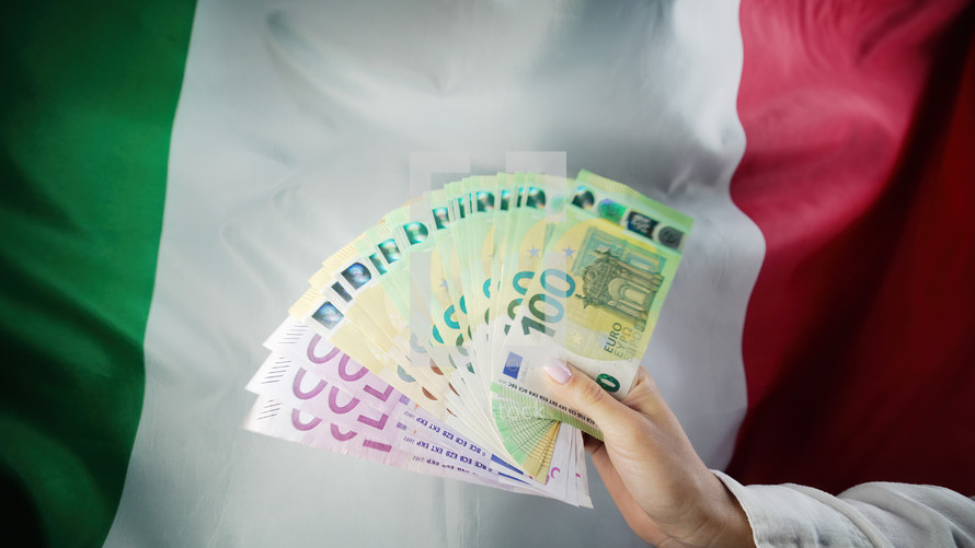 Italian flag background. Woman with cash money euros. 