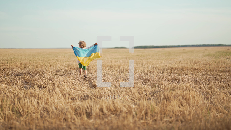 Happy little boy - Ukrainian patriot child running with national flag in field after collection wheat, open area. Ukraine, peace, independence, freedom, win in war.