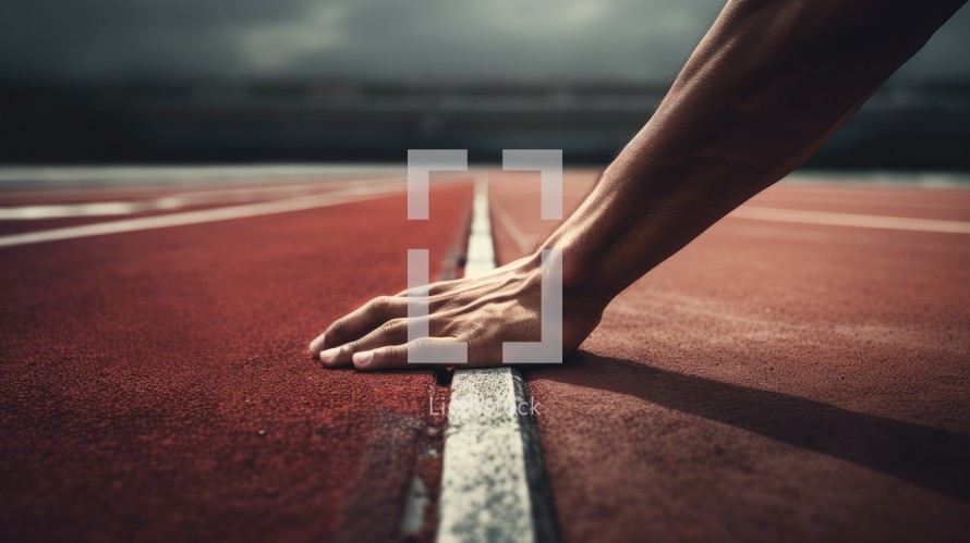 Running track with white lines in stadium. Sport background. Close up of human hand on running track.