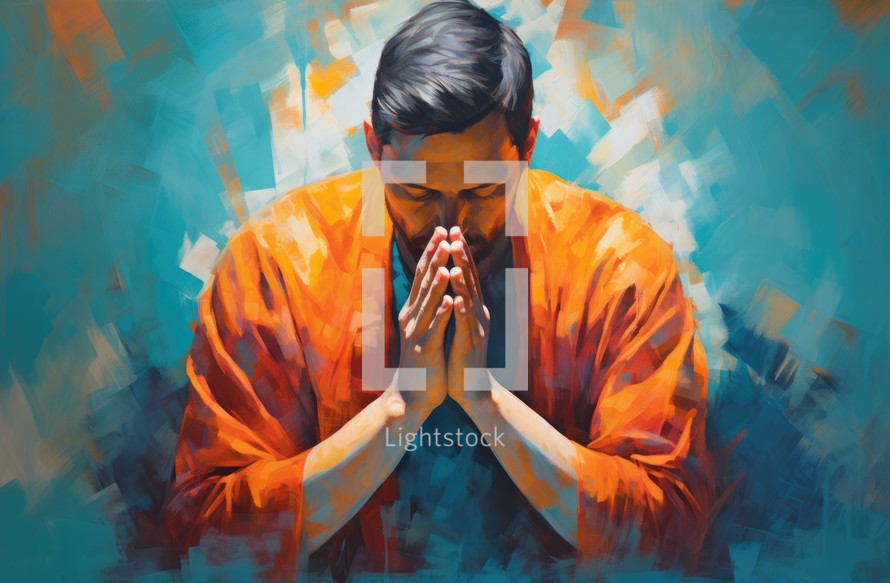 Portrait of a young man in bright orange praying.