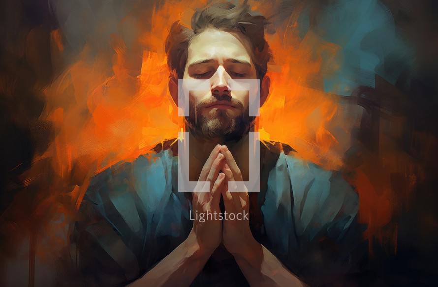 Handsome bearded man with closed eyes praying in dark room.