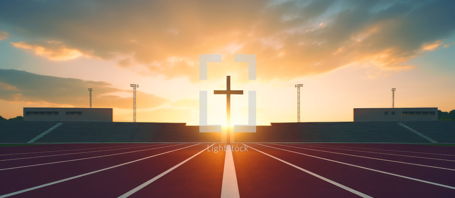 Cross on a race track with sunset or sunrise sky background