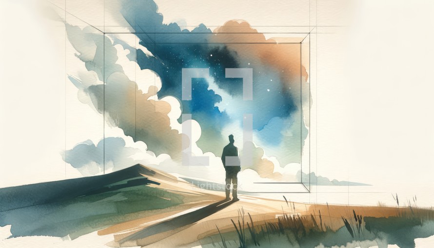 Contemplating heaven. Digital watercolor painting of a man looking at the sky.	