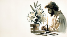 Saint Josepht with lilies and tools on white background, retro toned