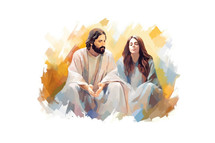 Illustration of Jesus preaching to a woman on a white background
