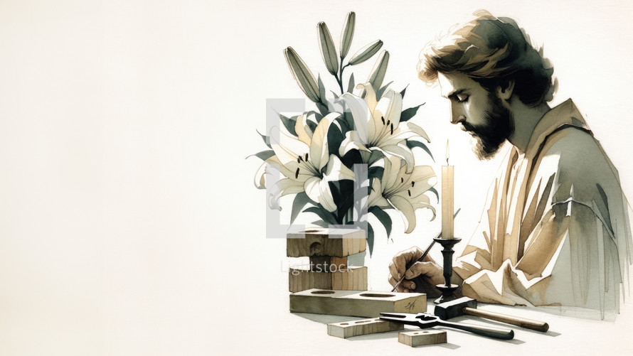 Saint Josepht with lilies and tools on white background, retro toned