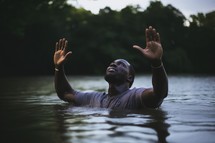 Baptism. Handsome black man in worship in a river at sunset