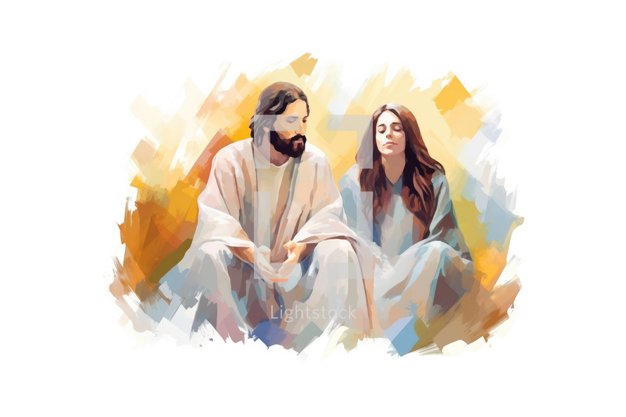 Illustration of Jesus preaching to a woman on a white background