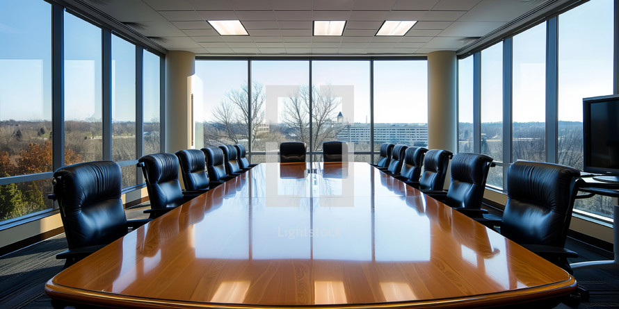 Modern conference room interior with panoramic windows. Nobody inside.