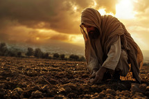 A farmer planting seeds in his field