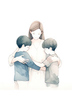  Mother with her two children. Watercolor illustration on white background.