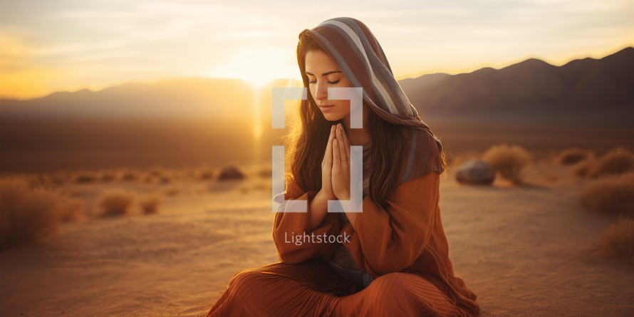 Christian woman kneeling and praying in the desert, at sunset. Biblical