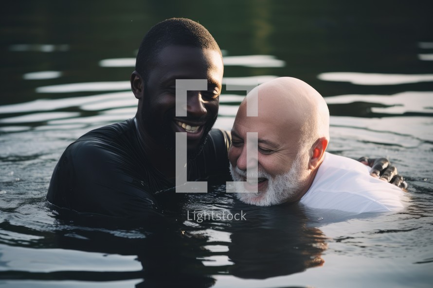 Baptism. A young man and an older white man celebrates their faith in the water
