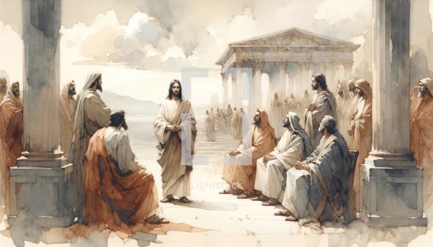 Jesus Christ before Pilate and Herod. Passion Friday. Life of Christ. Watercolor Biblical Illustration