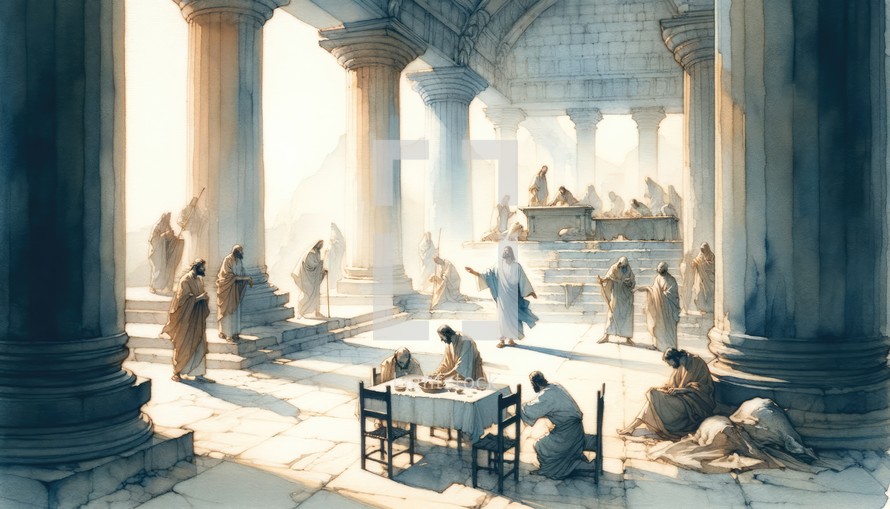 Second Cleansing of the Temple. Passion Monday. Watercolor Biblical Illustration