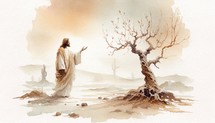 Withering of the Fig Tree. Passion Tuesday. Watercolor Biblical Illustration