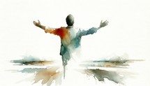 Man with arms outstretched in worship on white background. Watercolor painting