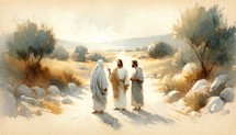 Jesus Christ appears to two Disciples. Life of Christ. Watercolor Biblical Illustration