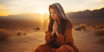 Christian woman kneeling and praying in the desert, at sunset. Biblical