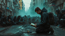 Unity in Prayer, Faith Beyond Destruction. Man reading the Bible in the street during war.
