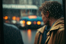 Man's profile through rainy window