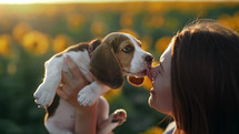 Little beagle puppy licks face of its owner with love. Happy dog spending good time on nature countryside sunflowers field background . Cute doggy. Hunting breed. High quality photo