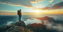 Man with backpack standing on the top of the mountain and enjoying the sunrise
