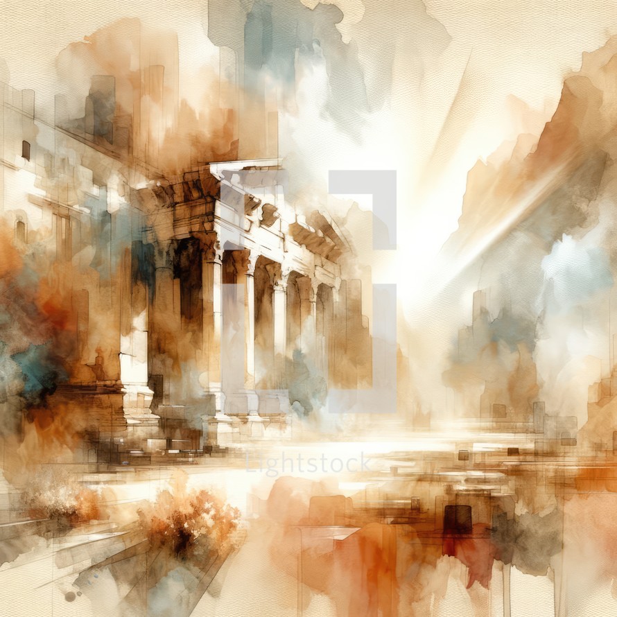 Ancient Biblical Lanscape. Digital watercolor painting of an ancient temple