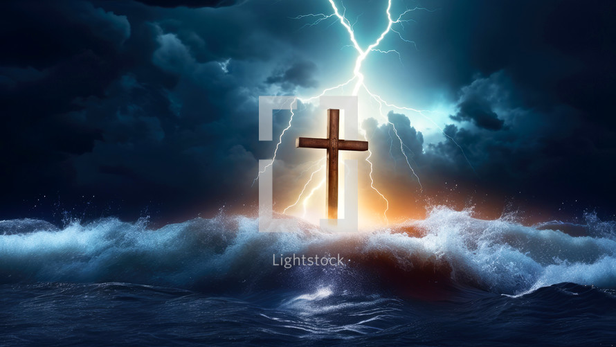 Christian cross in stormy sea. Lightning, clouds and waves in background