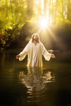 Baptism. Jesus in white, standing in the water with his arms open, blessing