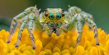 jumping spider close up on yellow flower petals and green eyes