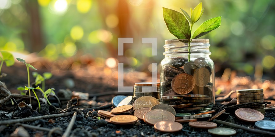 Plant growing out of coins in a glass jar with copy space