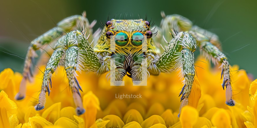jumping spider close up on yellow flower petals and green eyes