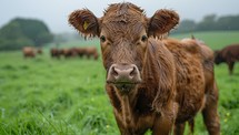 Close up view of a wet brown cow in a lush green meadow