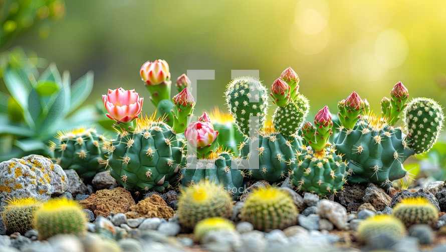 Cactus plants in the garden with sunlight and bokeh background.