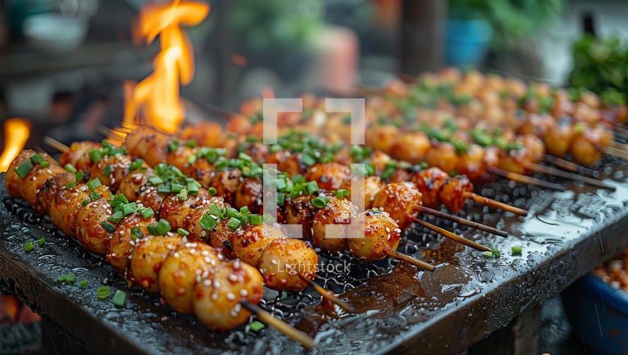 Takoyaki is a japanese food that is grilled on the stove.