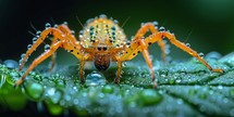  Orange jumping spider on dewy green leaf close up
