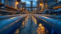 Industrial zone, Steel pipelines and cables in petrochemical plant