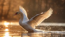 Swan takes flight during the golden hour